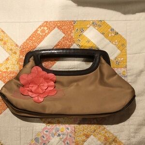 Victoria Secret Tan Satin Clutch with Pink Flower Accent